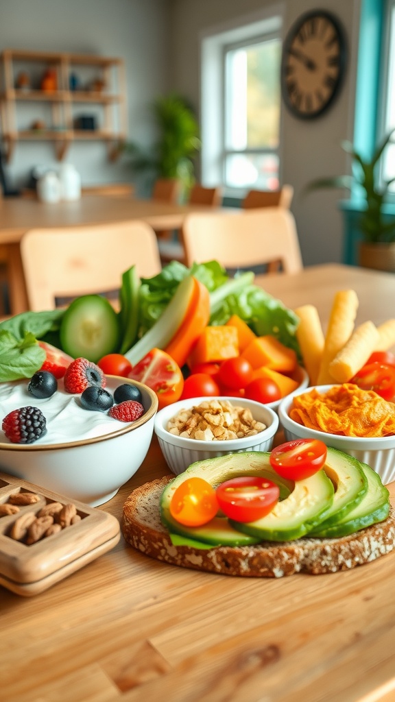 A colorful assortment of healthy snacks including yogurt with berries, vegetables with hummus, avocado toast, and mixed nuts on a wooden table.